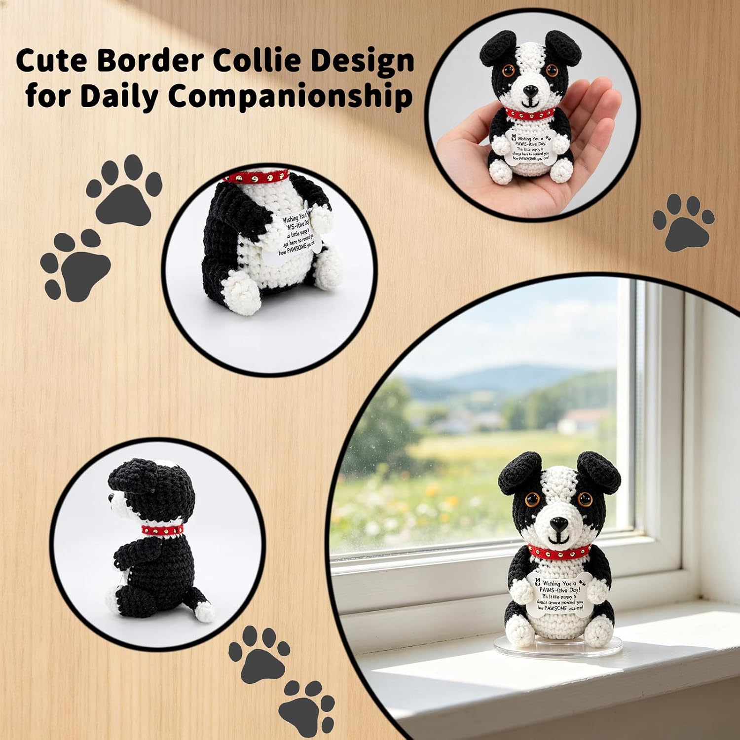 Crochet Dog Emotional Support Positive Crochet Animal – Border Collie with Encouragement Card and Clear Stand, Inspirational Gifts, Desk Ornament for Friends Coworkers