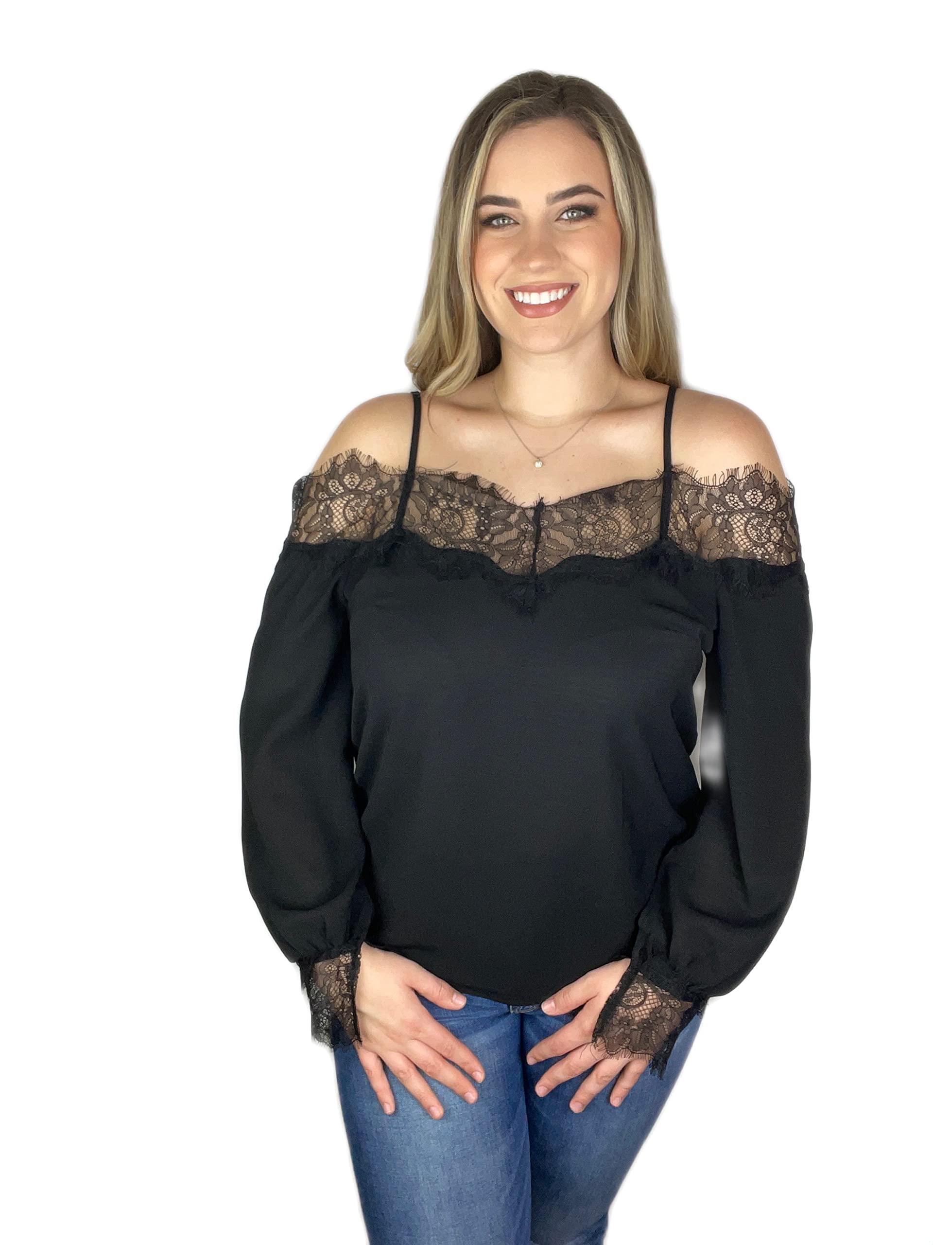 Women's Lace Off-Shoulder Top, Black XLarge, Bubble Cut Long Sleeve, Loose fit, Eye Closure for a Stylish Look, Fashionable top, Trendy: 100% Polyester