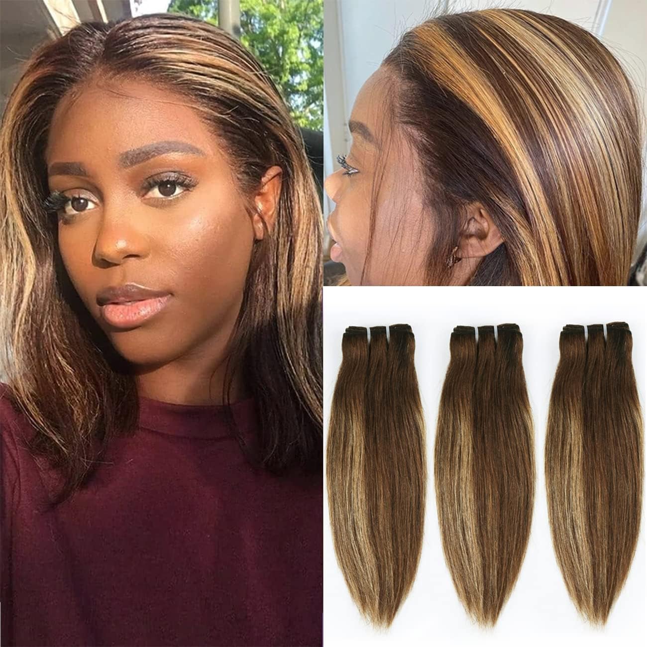 Straight P4/27 Human Hair 3 Bundles with Closure(10 10 10+10) Brazilian 4/27 Highligh Short Bob Ombre Bundles and 4x4 Closure 50g/bundle Honey Blond - Image 4