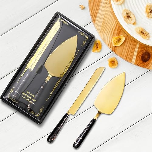 Miniatura 5 de Mezchi Juego de 4 cuchillos para tartas de boda y servidor juego de corte de pasteles dorados de acero inoxidable con asas de cerámica negra