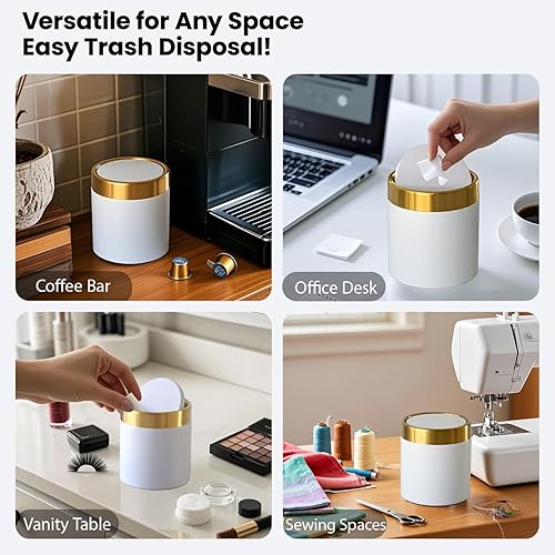 Miniatura 5 de JILLICK Bote de basura pequeño con tapa, mini bote de basura de escritorio, 1.5 litros0.4 galones, pequeño bote de basura de metal para baño,