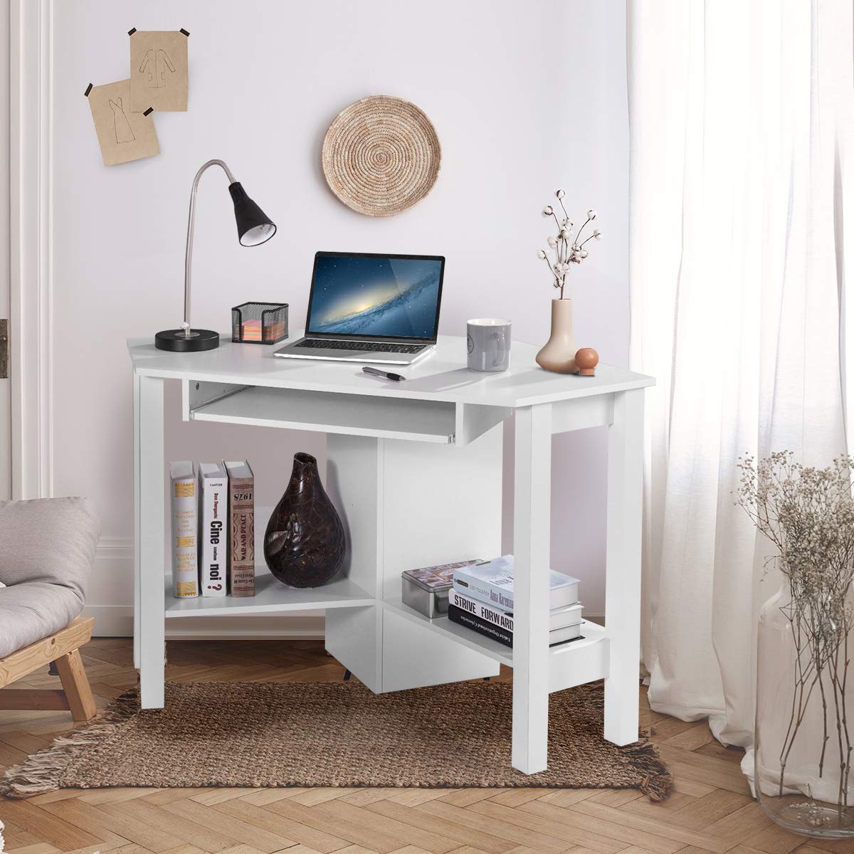 Tangkula White Corner Desk, Corner Computer Desk with Smooth Keyboard