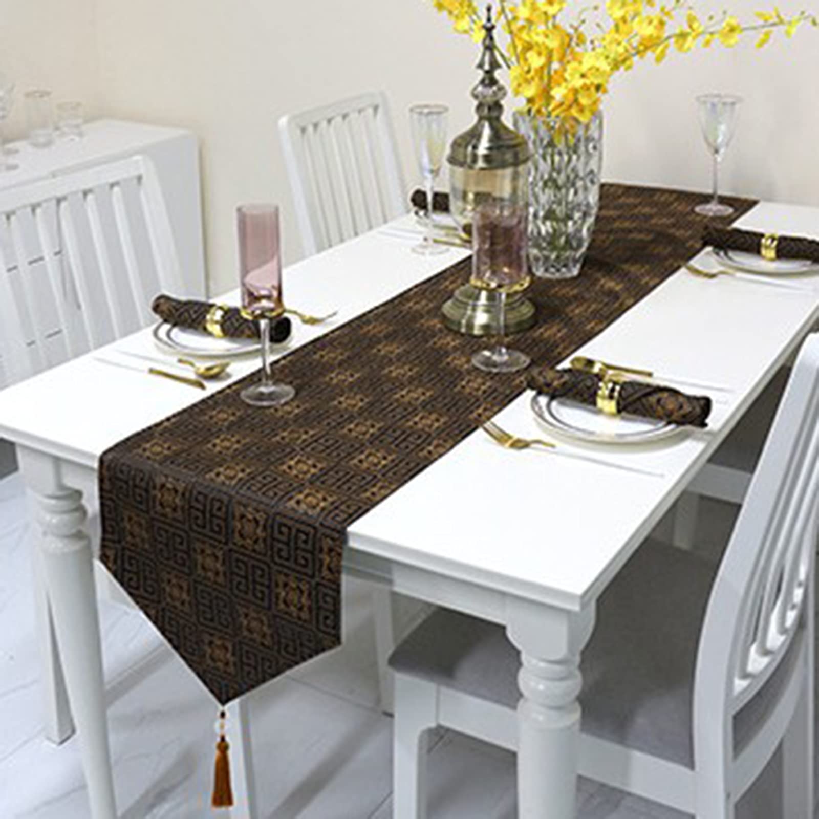 Runner Elegante 35x200CM Griglia Runner Tavola Caffè Nero Cotone Poliestere - Stile 4