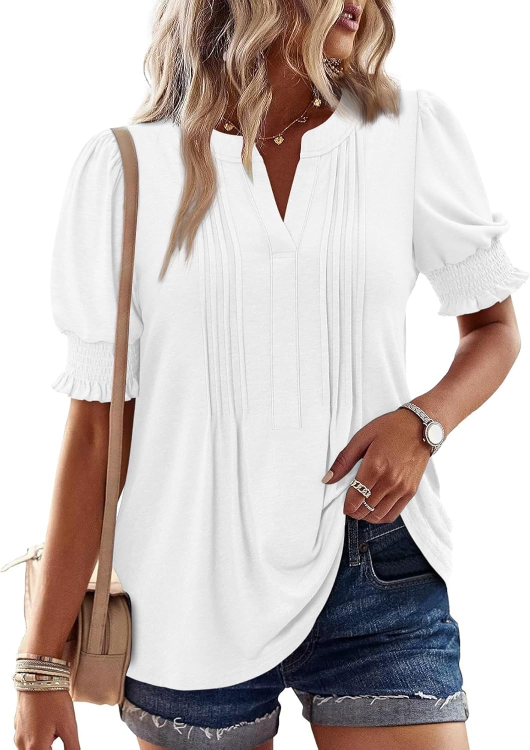 CRAZY GRID Women's Dressy Casual Top Puff Sleeve Summer Shirt Loose Trendy Pleated Blouse - Image 3