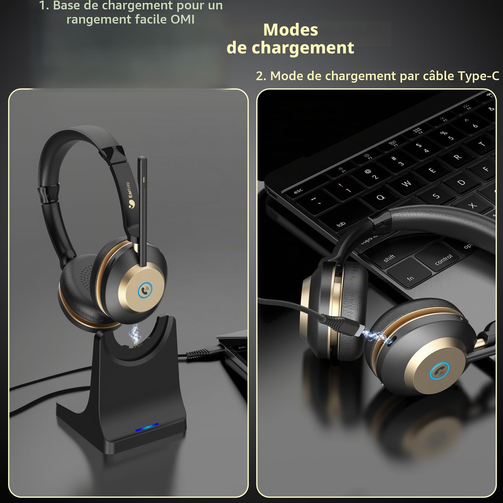 Casque Bluetooth sans fil avec microphone, casque supra-auriculaire avec micro antibruit/mute/station de charge/dongle USB, 45 heures, téléphones portables, équipes Skype Zoom