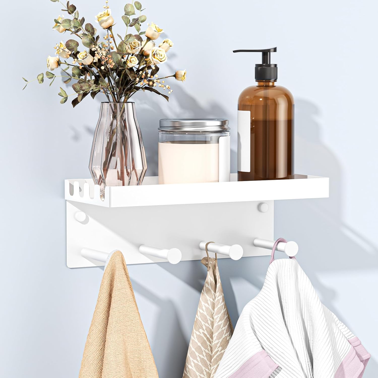 Hot Tub Towel Rack with Shelf, Pool Bathroom Towel Holder Wall Mounted, Metal Outdoor Indoor Robe Storage 4 Hooks, Towel Hanger Organizer for Hot Tub for Robes, Clothes, Towels