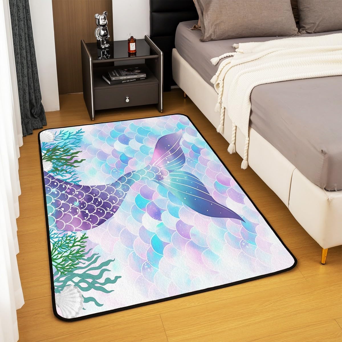 jejeloiu Mermaid Decor Carpet Area Rug 3x5 Kids Ocean Life Sea Animal Indoor Floor Mat for Boys Girls Teens Fish Scales Living Room Rugs for Bedroom Soft Non-Slip Princess Decor