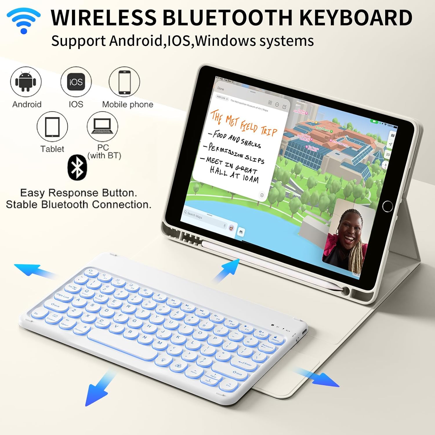 JKSML Keyboard Case for iPad 9th/8th/7th Generation(2021/2020/2019) 10.2 Inch, Case with 7 Colors Backlit Detachable Keyboard Soft TPU Back Folio Stand, Built-in Left Side Pencil Holder, Cream White