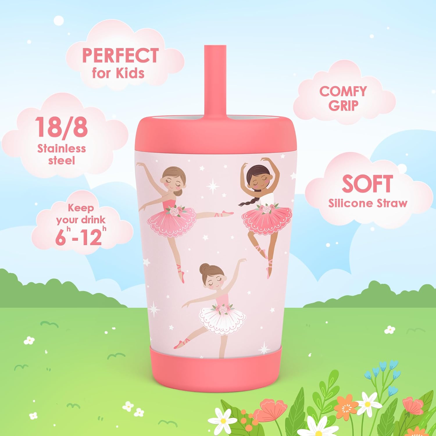 Kid Insulated Stainless Steel Tumbler with Silicone Straw, 12oz Sippy Cup for Kids (Pink Ballerina) - Image 2