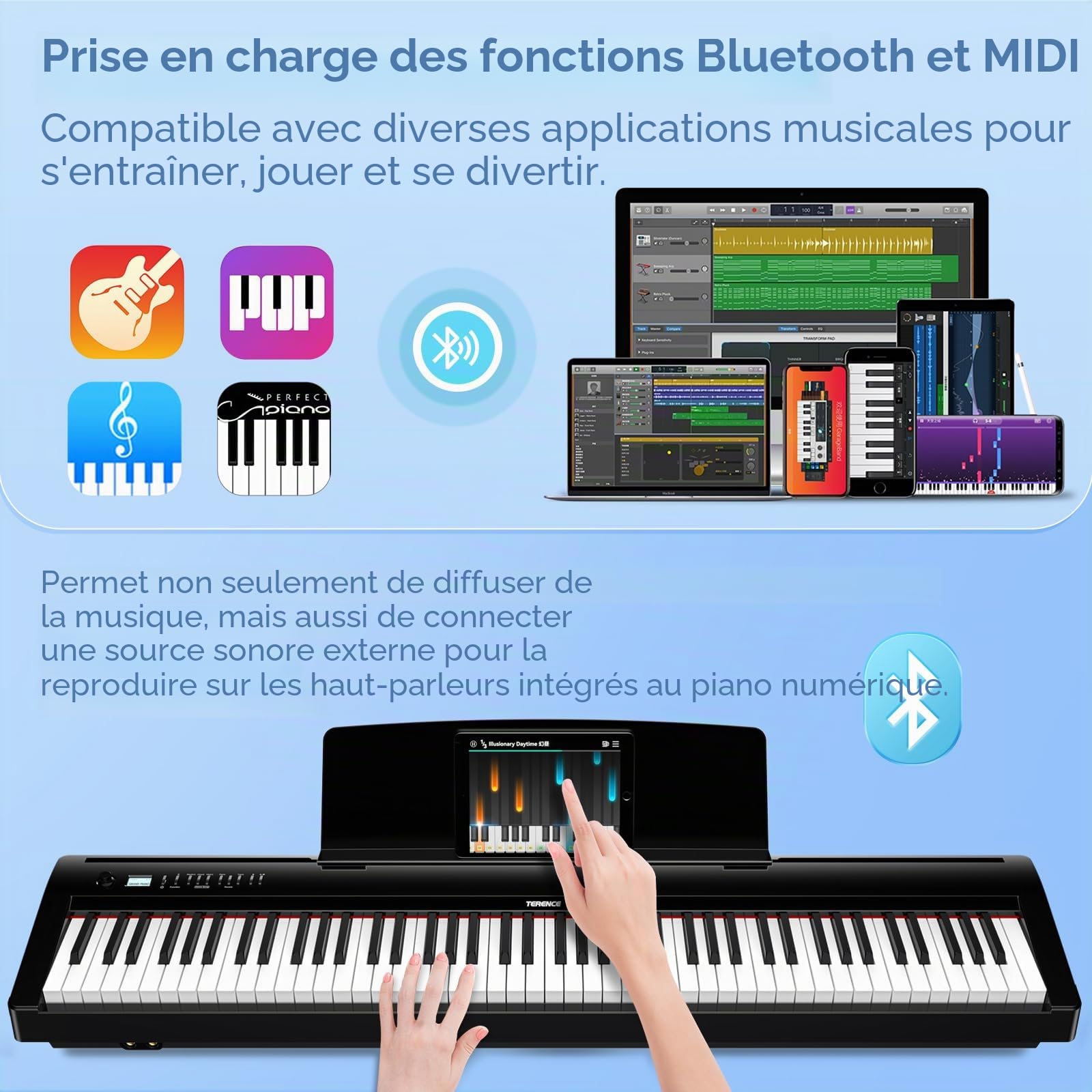 TERENCE Piano Numérique 88 Touches Clavier Graded-Hammer 50W Haut-parleurs HiFi Doubles Enregistrement Vidéo Mobile Bluetooth MIDI Prise en Charge des Casques et des Haut-parleurs