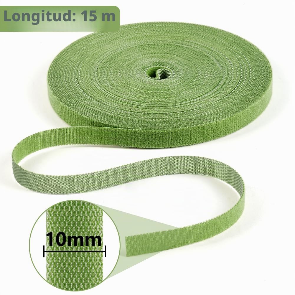 Cinta adhesiva para plantas con velcro, 15 m, color verde, resellable, de doble cara, 10 mm, autoadhesiva, para trepar, multiusos, resistente a la intemperie