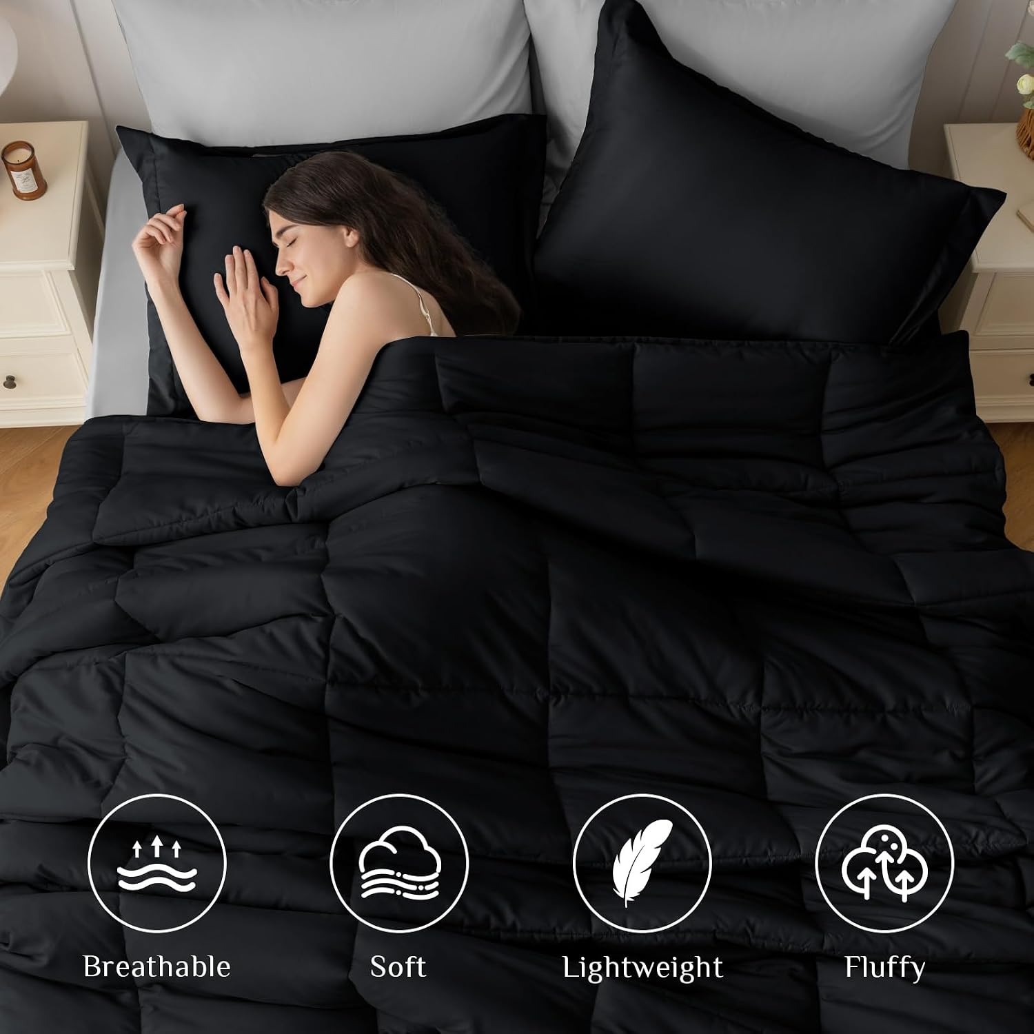 JOLLYVOGUE Queen Comforter Set, Ultra-Soft Bed in a Bag Queen Size 7 Pieces, Oeko-TEX Certified Bedding Set with Down Alternative Comforter, Sheets, Pillowcases & Shams, Black & Light Grey image 2