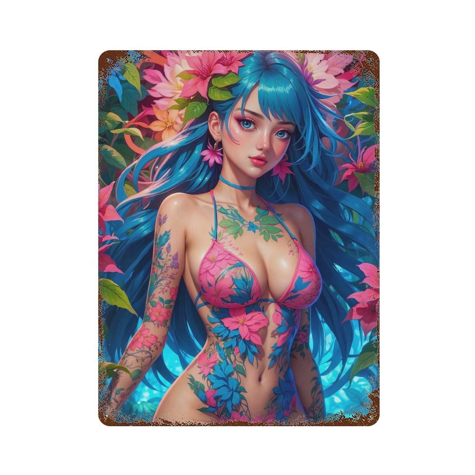 Weathered Tin Sign Manga Flower Girl 15.7"x11.8", Rustic Home Decor for Basement, Hobby Room And Garage Decor