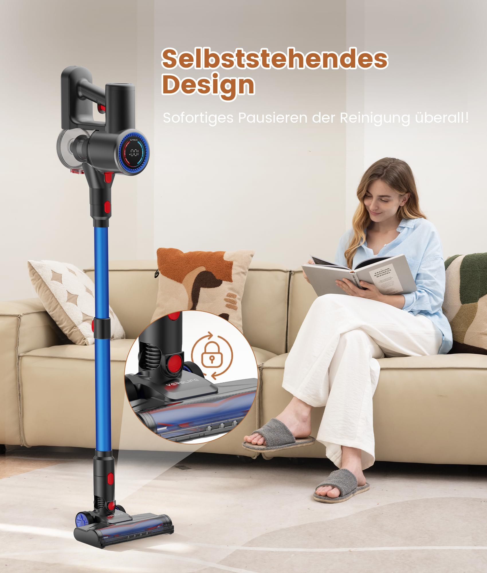 VersLife Z8 Akku Staubsauger Kabellos, 500W/40KPa/45Min Akkustaubsauger | Kabelloser Akkusauger mit Smart LED-Display, selbststehendem Design und grünem Licht für Tierhaare, Hartböden und Teppiche