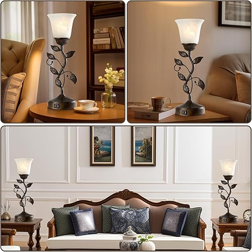 Miniatura 4 de RORIANO Lámpara táctil de mesita de noche, lámpara de mesita de noche vintage con 2 puertos USB para sala de estar, lámpara de hoja regulable de 3