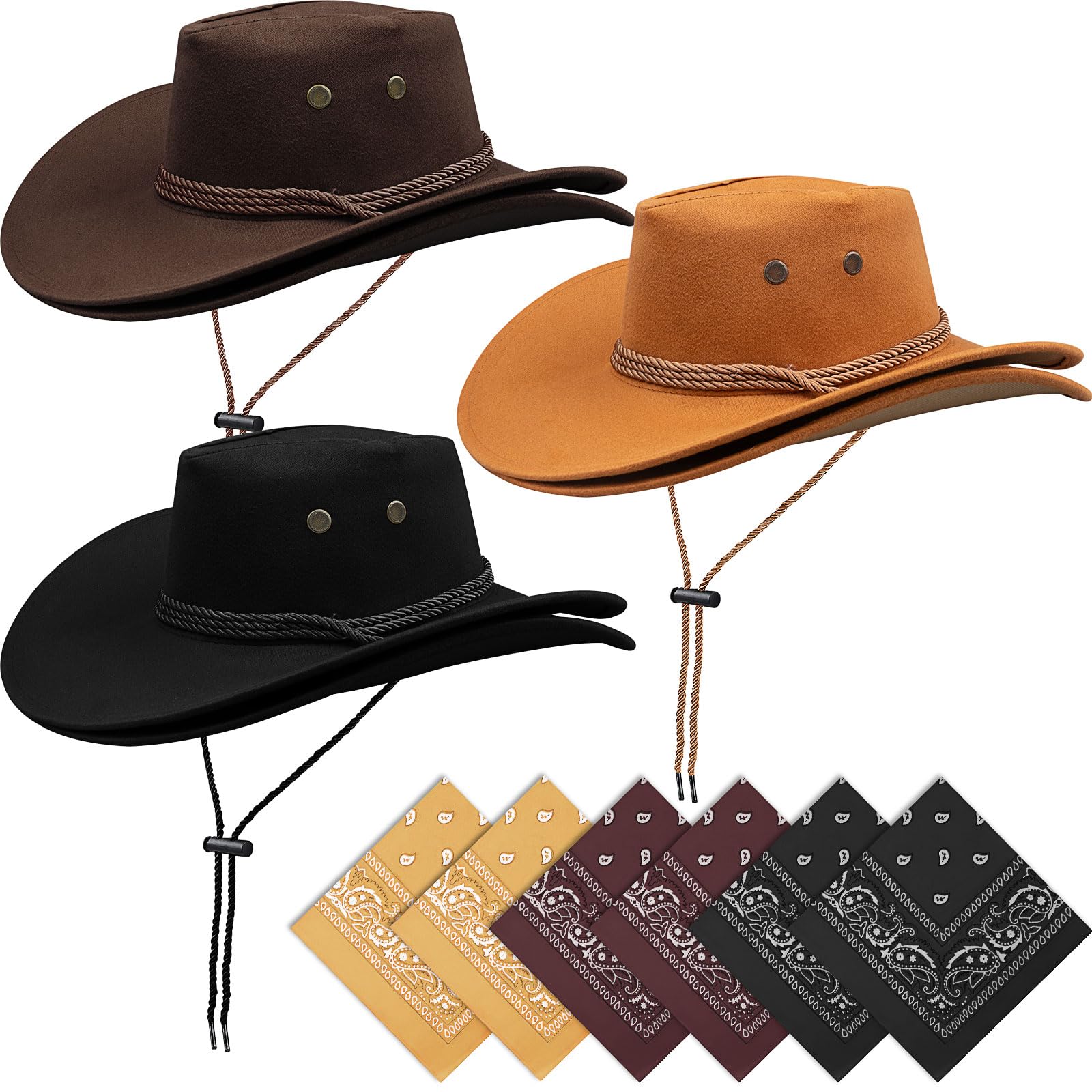 MSYU Set di 6 cappelli da cowboy per donne e uomini, unisex, cappello da cowboy western, in feltro, con bordo largo, cappello classico panama per esterni, cappelli da cowboy con bordo largo