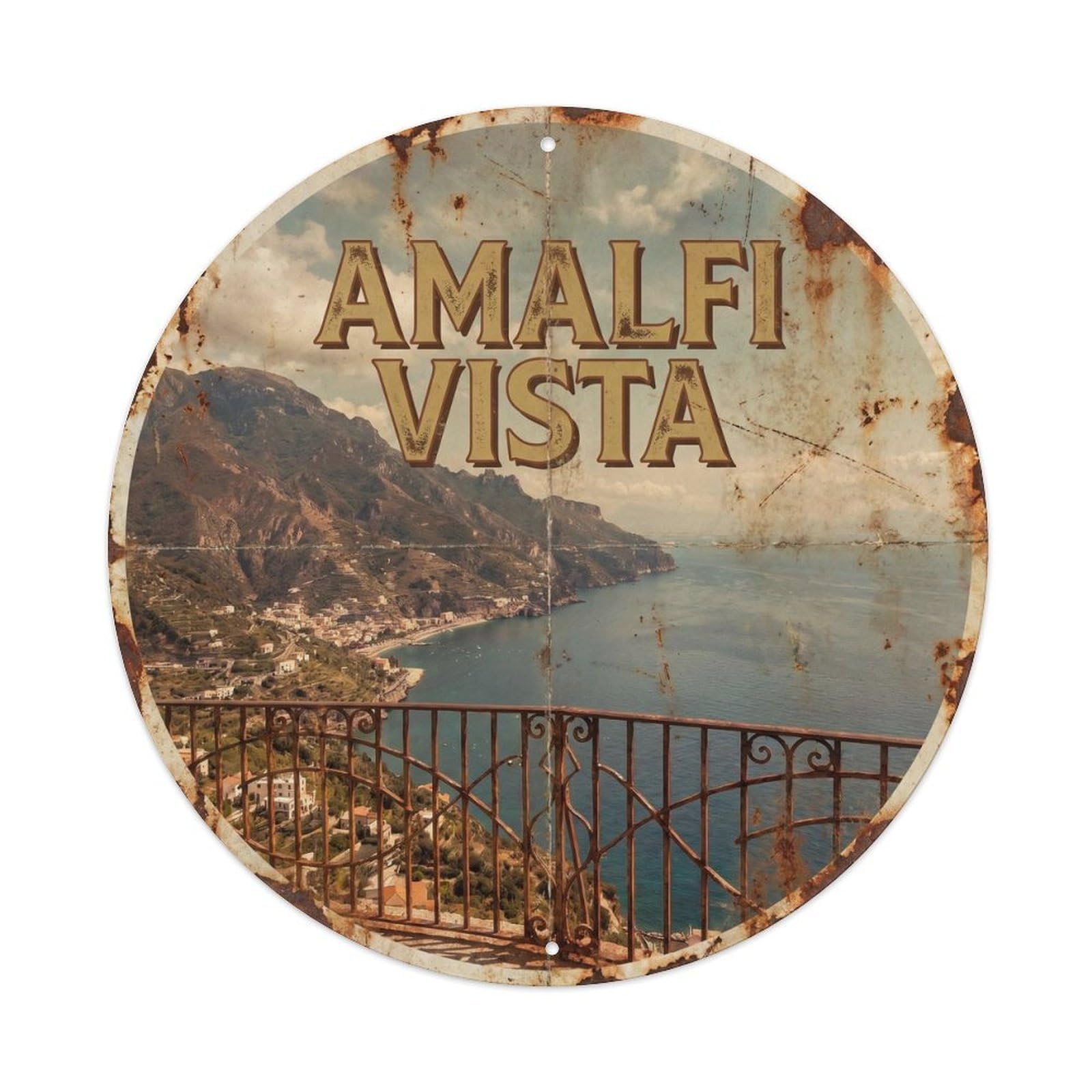 Vintage Travel Amalfi Coast Viewpoint Seaside Landscape Metal Tin Sign Plaque Wall Decor for Cafe, Man Cave, Club Bar, Office, Home Garden Round Metal Poster 8x8Inch