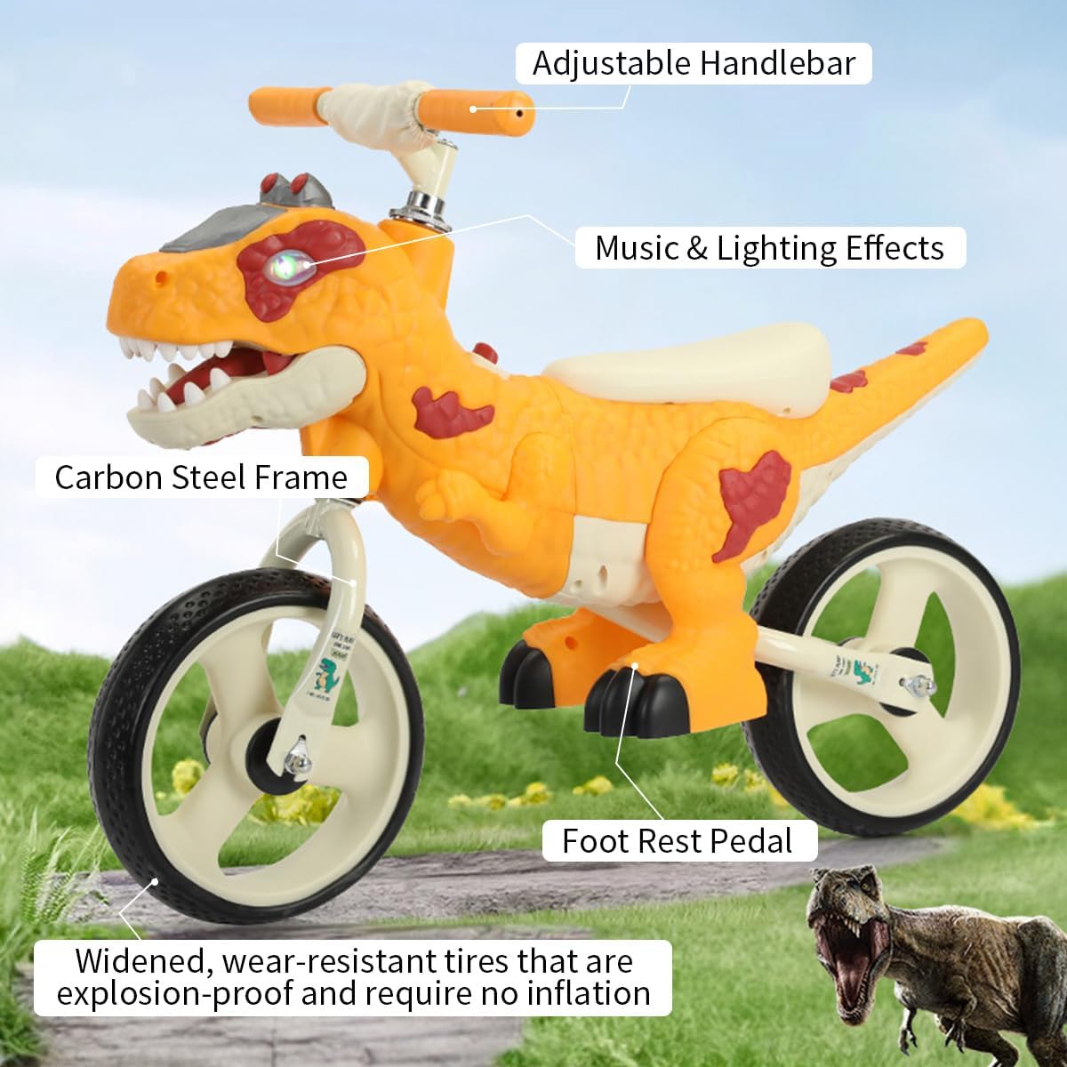 Dinosaur-Themed Toddler Balance Bike Toys for 3-7 Year Old Girls & Boys - Music & Lighting Effects, No-Pedal Training Bike, Best Gifts for Kids with Carbon Steel Frame & Adjustable Handlebar (Orange)