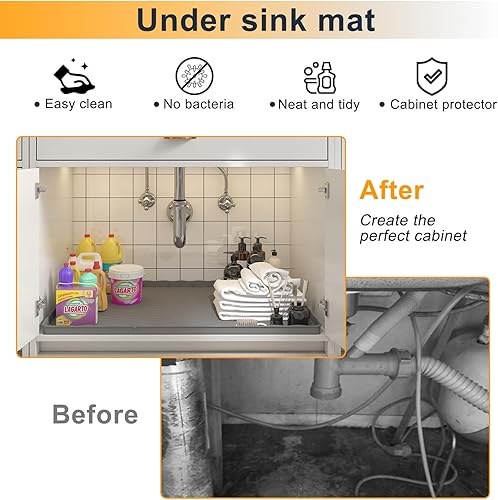 Miniatura 2 de Tapete para debajo del fregadero de cocina, impermeable, 34 x 22 pulgadas, tapete de silicona para fregadero de baño, bandeja de goteo para debajo