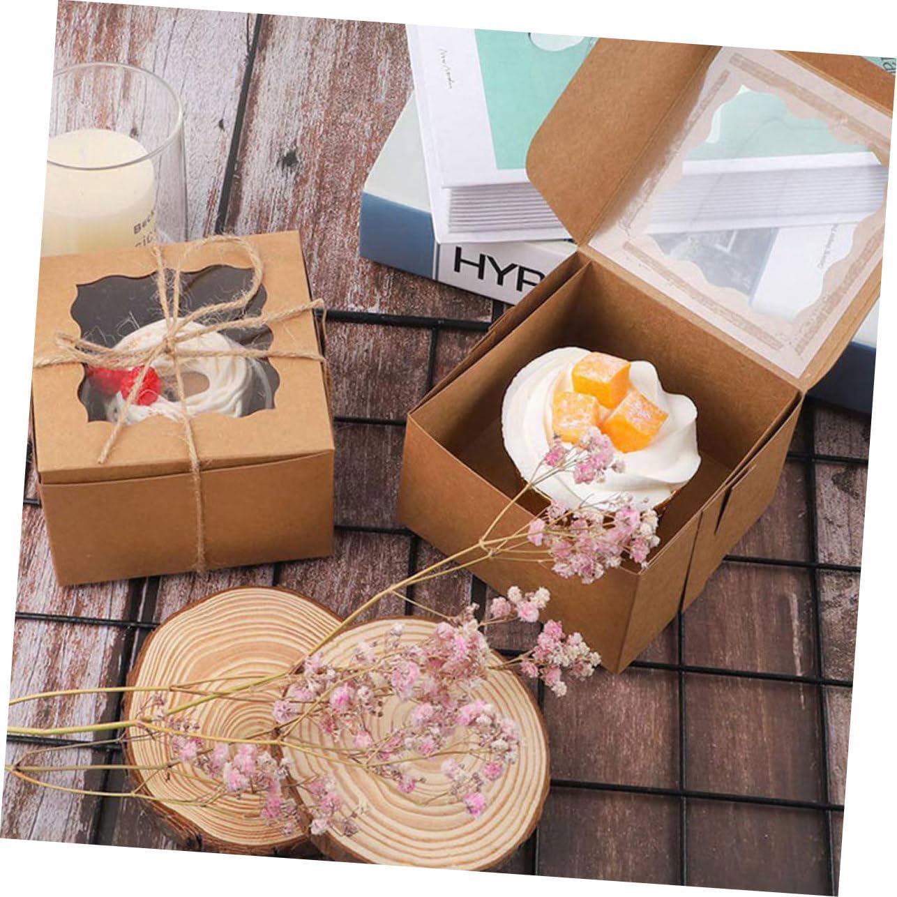 Cabilock 50pcs Kraft Paper Cake Boxes with Window Portable Cupcake Carrier Cookies Donuts and Desserts Sturdy and Packaging for Parties and Events