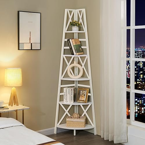 Vista 19 de HOMBAZAAR Estantería esquinera de 5 niveles, estantería de esquina industrial de 72 pulgadas, estantería alta con marco de metal, soporte rústico