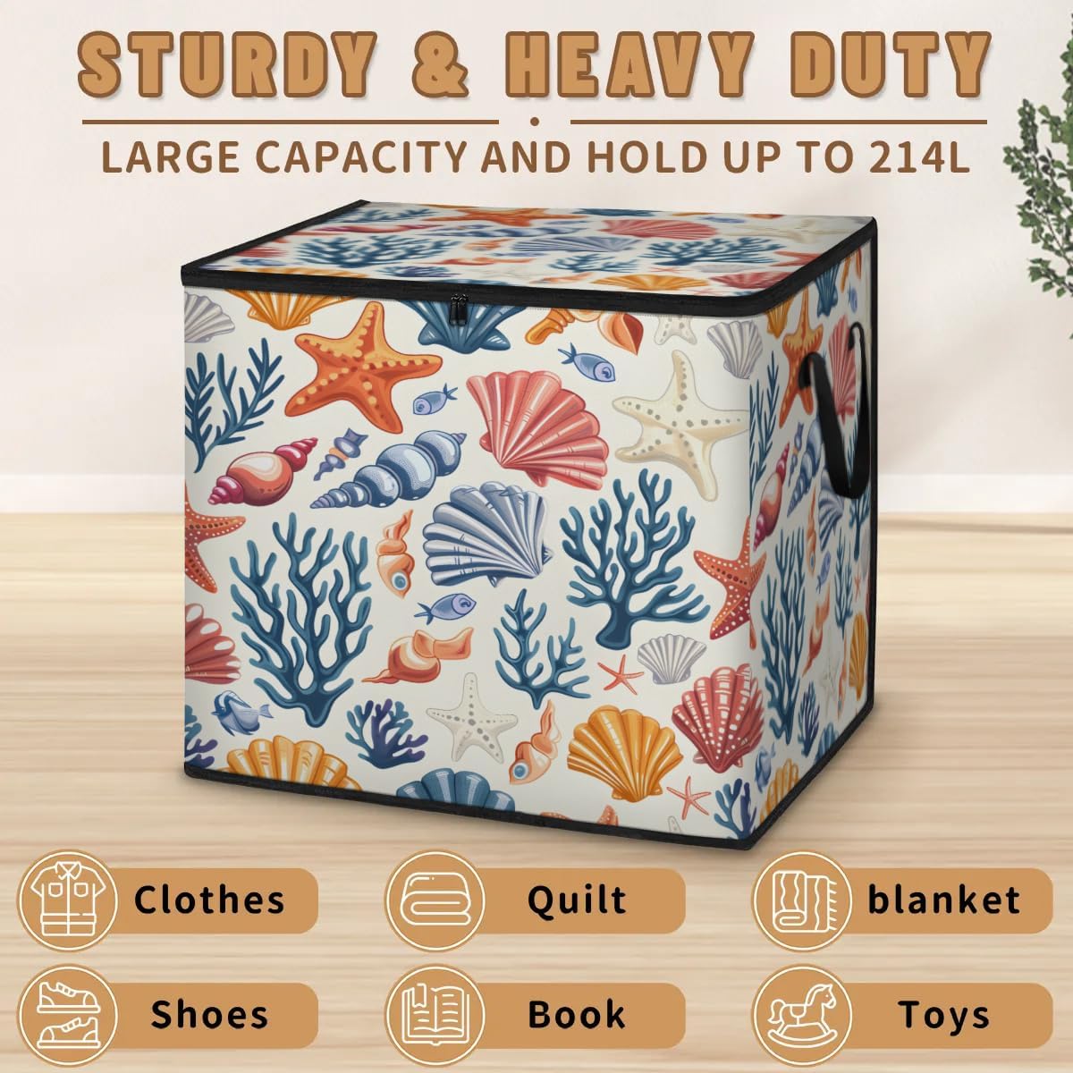 Honeybaby 214L Extra Large Comforter Storage Bag Starfish Ocean Seashell Storage Totes with Lids Waterproof Closet Organizer Folding Blanket Storage Bags for Clothes Bedding Pillows