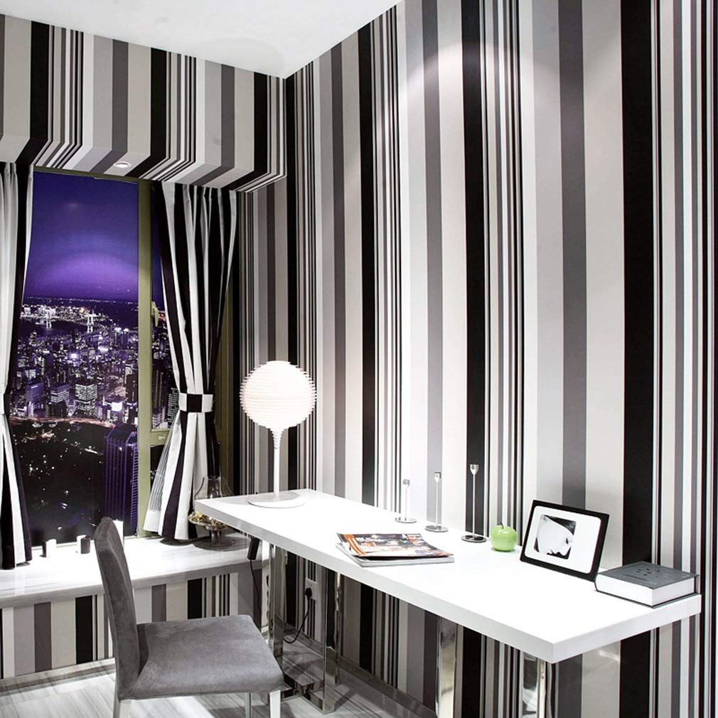 Papier peint non tissé floqué à rayures noires et blanches pour salon