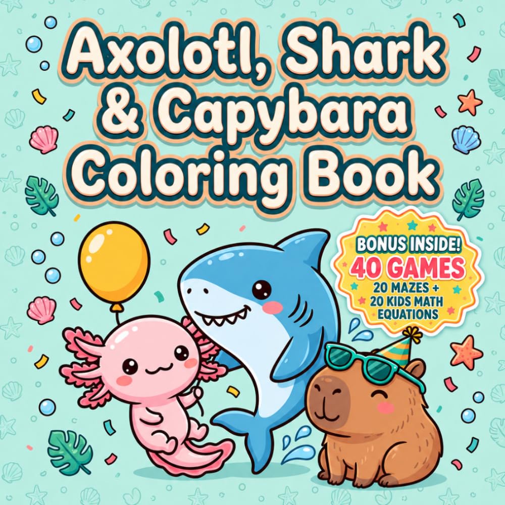 Axolotl, Shark & Capybara Coloring Book : 40 Cute Coloring Pages | A Fun Pool Party Coloring for Kids