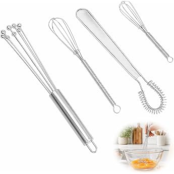 Set of 4 Mini Whisks Small Whisk Stainless Steel Whisk Spiral Whisk Multifunctional Whisk Set Suitable for Beating Eggs Mixing and Kneading Dough