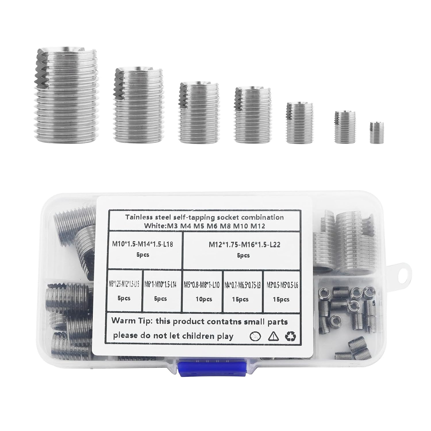 Self Tapping Thread Inserts Set 60pcs, M3, M4, M5, M6, M8, M10, M12 Threaded Inserts, Reverse Thread Sleeve Set for Manufacturing Fields