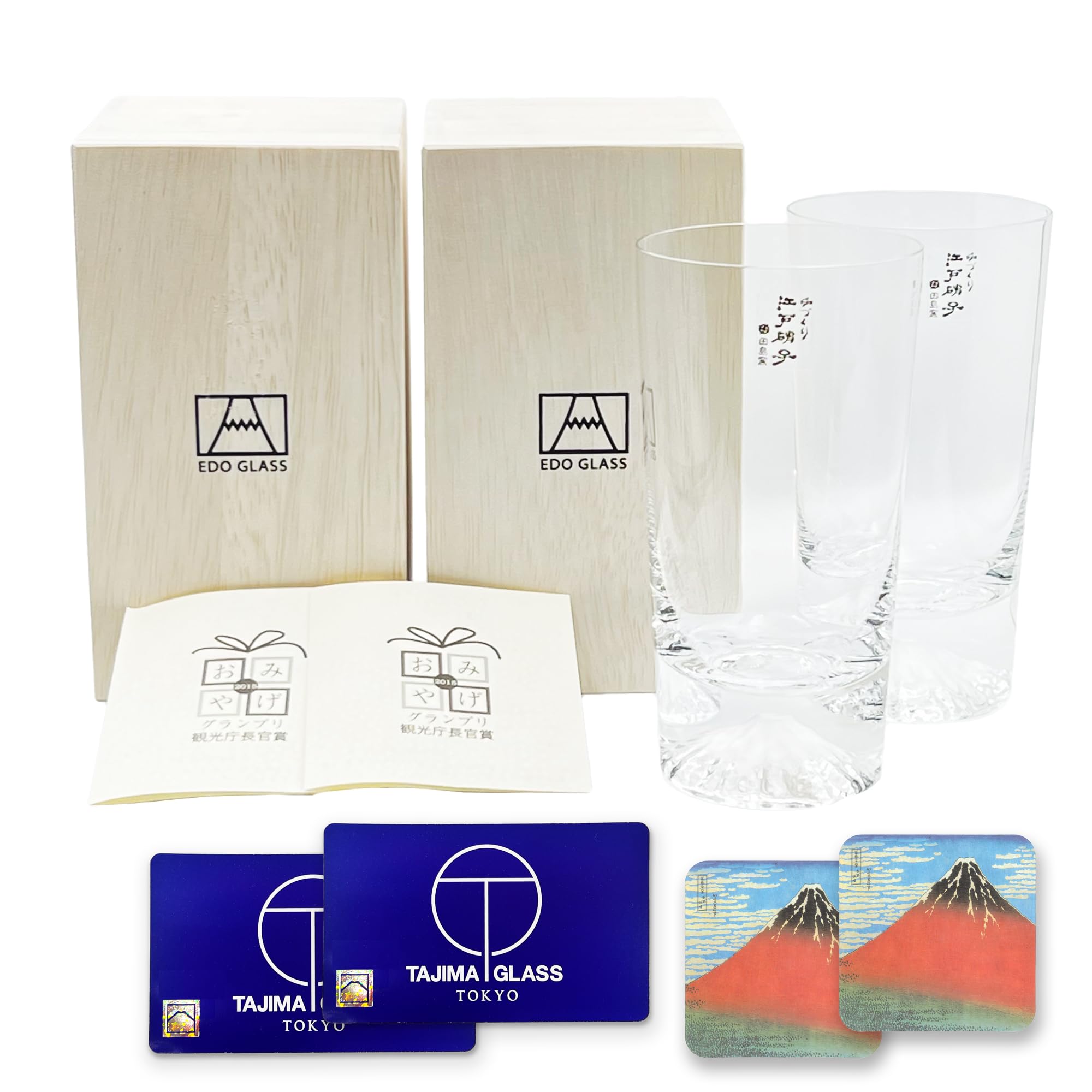 Tajima Glass Tumbler Glass, Mt. Fuji Glass, Genuine Product, Made in Japan, Authentic Certificate Card Included, Wooden Box (TG15-015-T Clear, Set of 2 Pairs) + 2 Mt. Fuji Paper Coasters : Home & Kitc