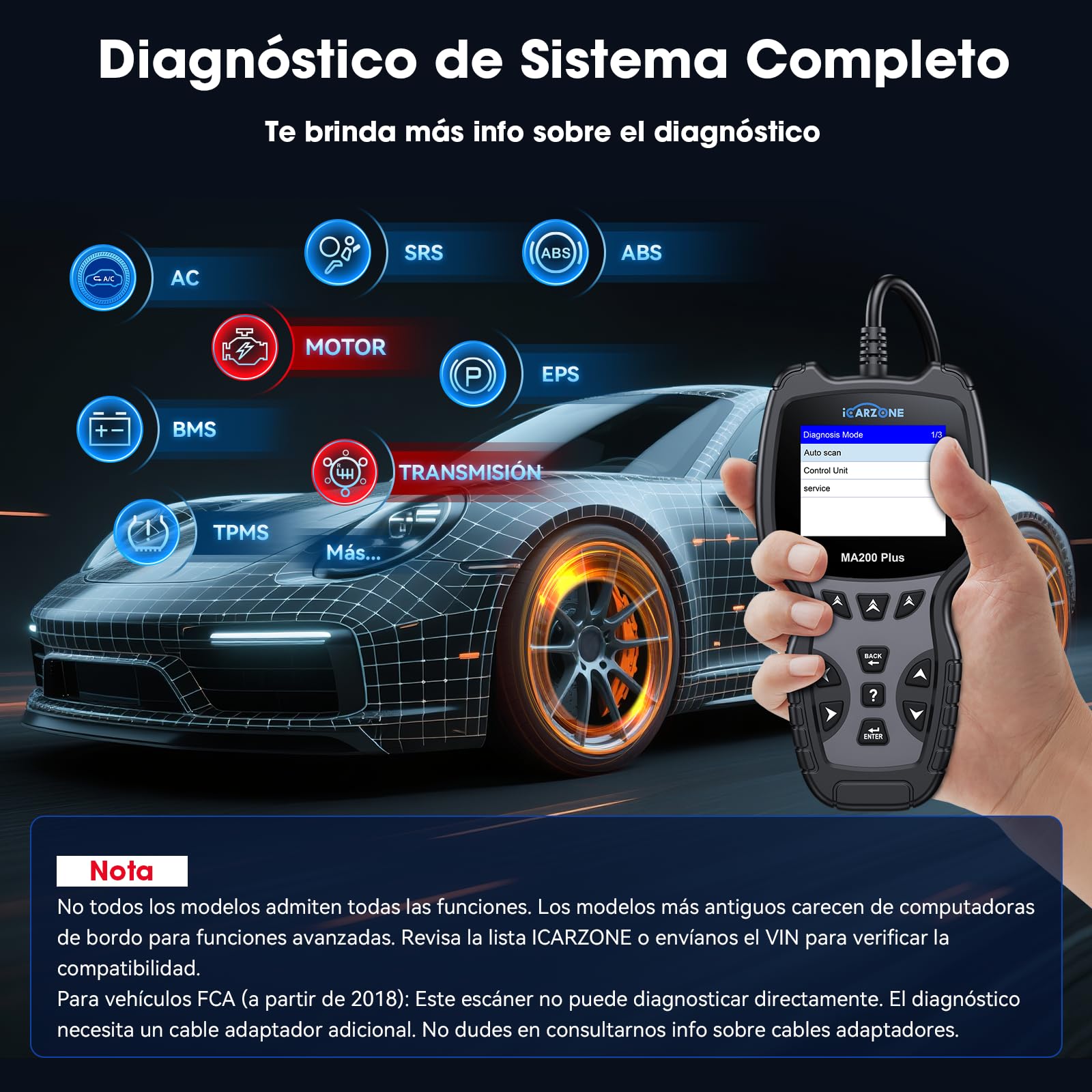 MA200 Plus Máquina Diagnosis Coche, Escáner de Todos los Sistemas con 6 Servicios, OBD2 Diagnosis para Coche Multimarca, Reset Aceite/EPB/SAS/TPMS/DPF/BMS, Auto VIN, Actualización de Por Vida