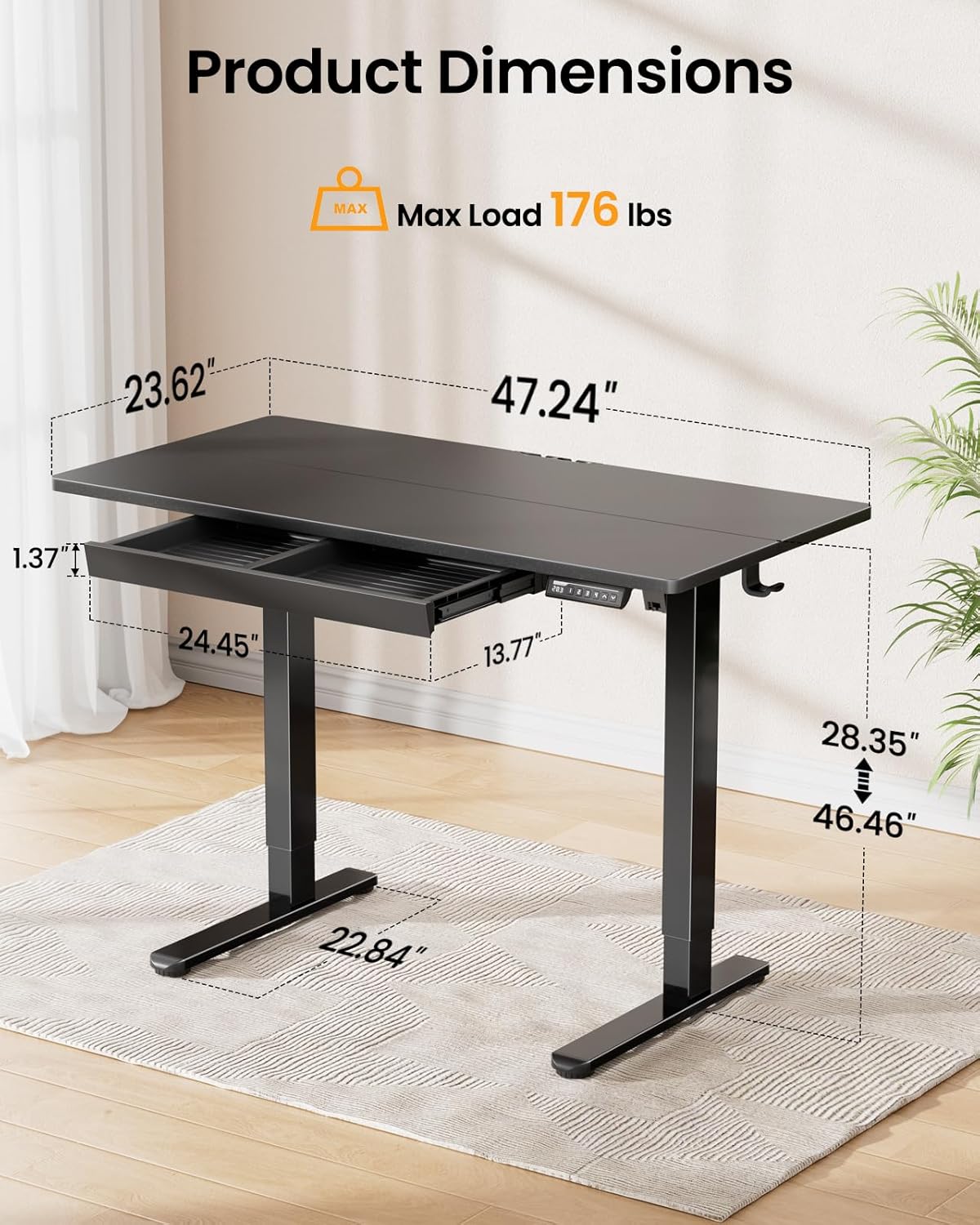ErGear 48" x 24" Electric Standing Desk with Drawers, Height Adjustable Desk with 4 Preset Heights, Ergonomic Rising Home Office Computer Table with Splice Board, Black
