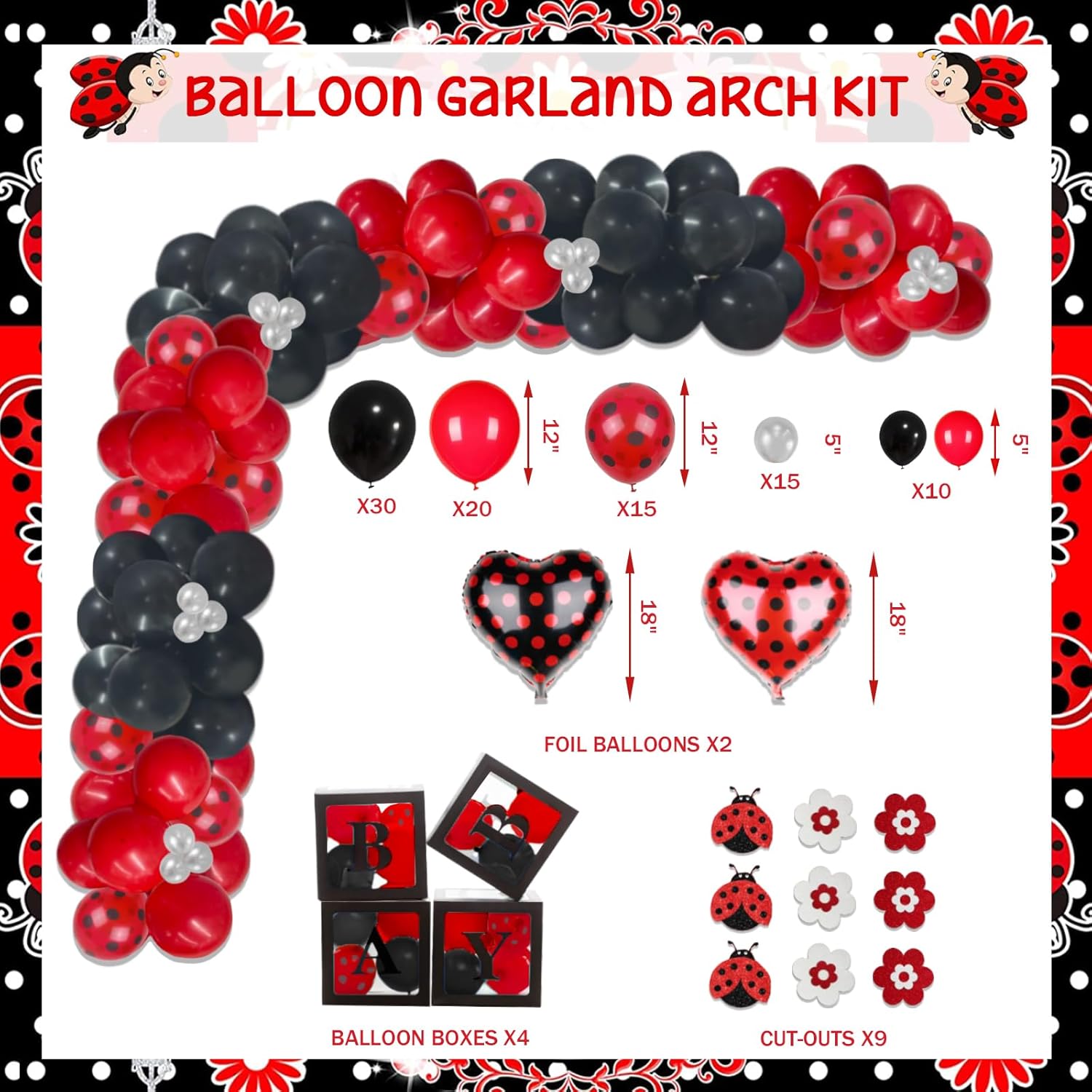 125 PCs Ladybug Baby Shower Decorations, Fiesec Ladybug Baby Shower Supplies Welcome Little Ladybug Backdrop Balloon Garland Banner Tablecloth Cake Topper Walking Balloon Polka Dots Heart Flower