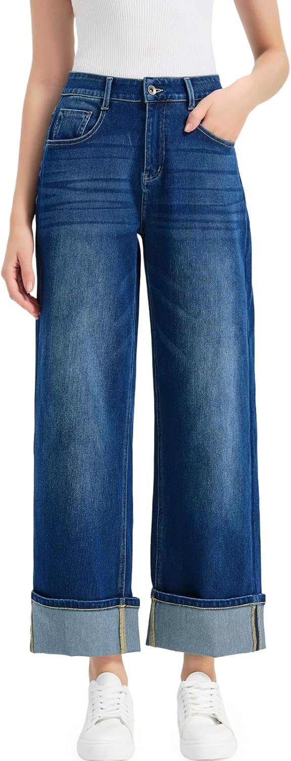 BLISSORALEISEUR Women's High Waisted Wide Leg Jeans Stretchy Baggy Denim Pants with Cuffed Hem