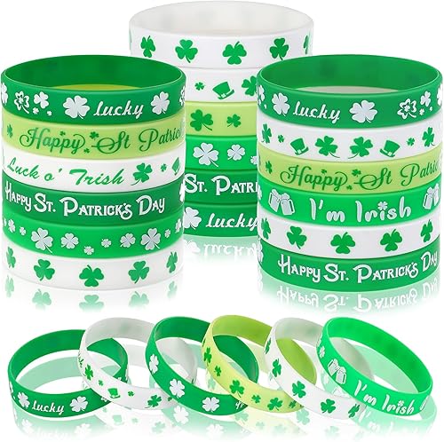 JUNEBRUSHS 42 pulseras de silicona para el día de San Patricio, pulseras de goma de trébol verde para niños y adultos, fiesta del día de San