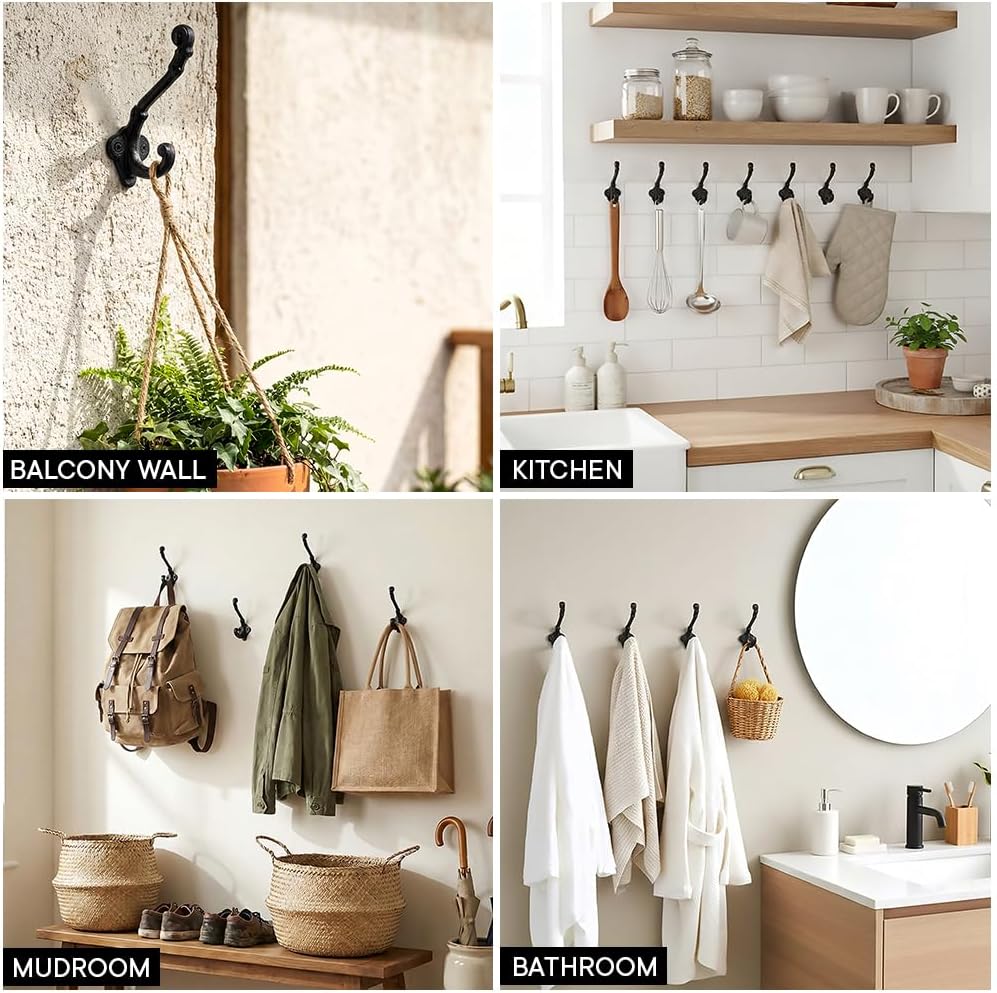 Indian Shelf Decorative Iron 6 Pieces Cute Mudroom Wall Hooks for Hanging Heavy Duty Coat Rack Wall Mount - Vintage Black Towel Hooks for Coats, Keys, Backpack, Purse, Hat, Jewelry, Leash & More