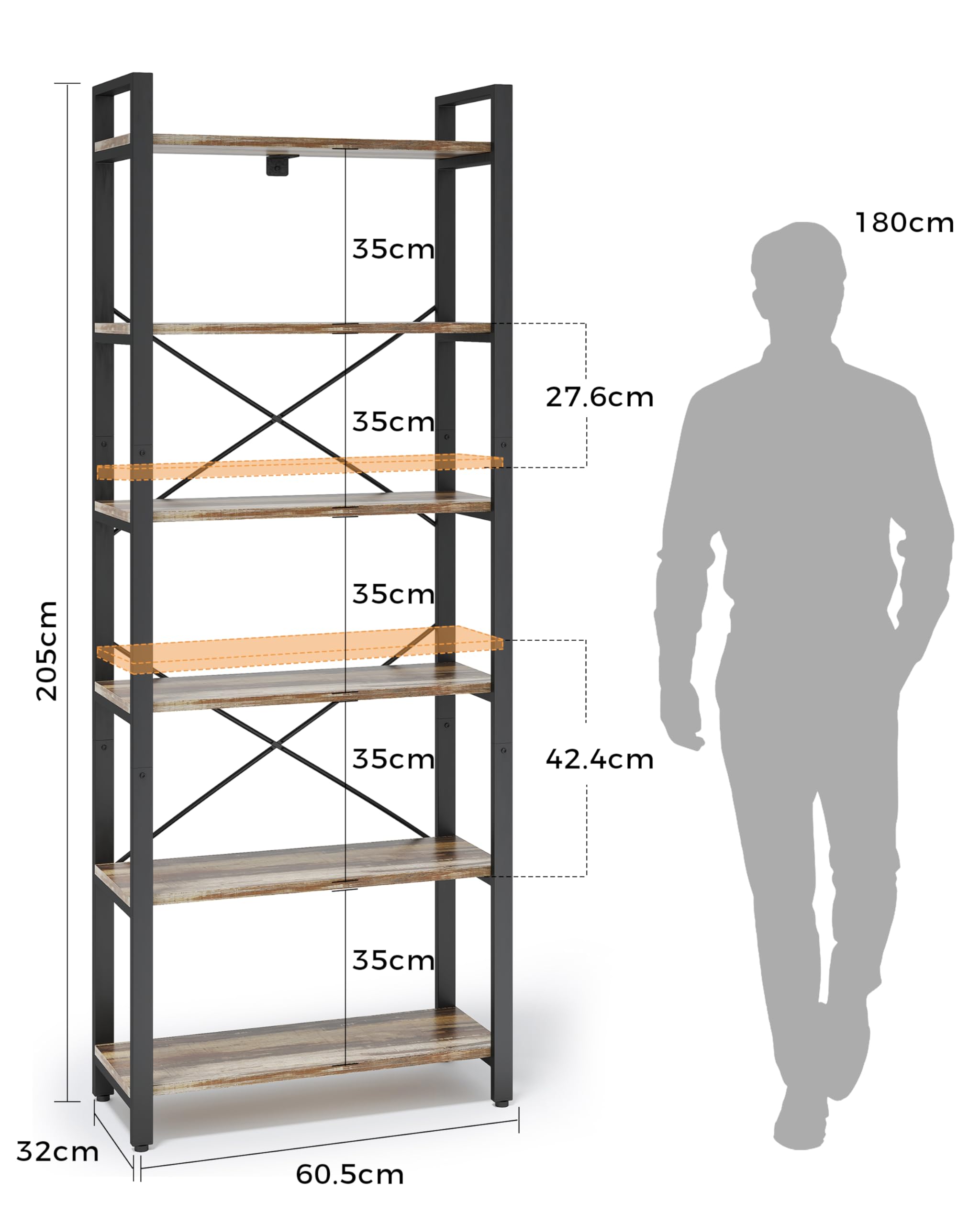 IRONCK 2M Estantería de pie con 6 Niveles, estantería de Madera con Marco de Metal, estantería de Oficina Industrial, estantes Abiertos, para Oficina, salón, Dormitorio, Cocina (marrón Camello Negro)