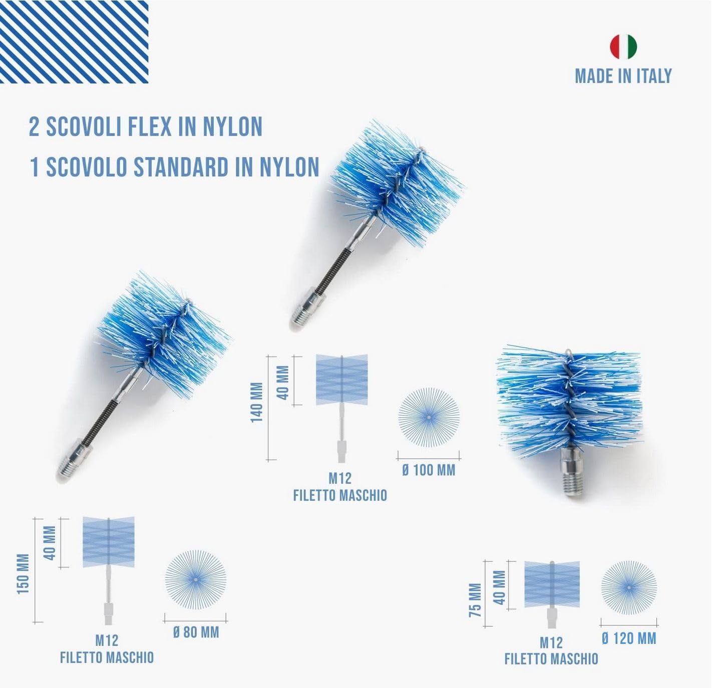 BARETTO FLEX | Kit Pulizia Stufa a Pellet | Canna Fumaria Ø 80 + 100 + 120 mm | Lunghezza 6 m | 2 Spazzole Snodate + 1 Standard | Attacco M12