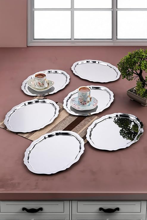 6 Adet Oval Dalgalı Sade Kahve Ve Sunum Tepsisi 20 Cm X 25 Cm, Gümüş