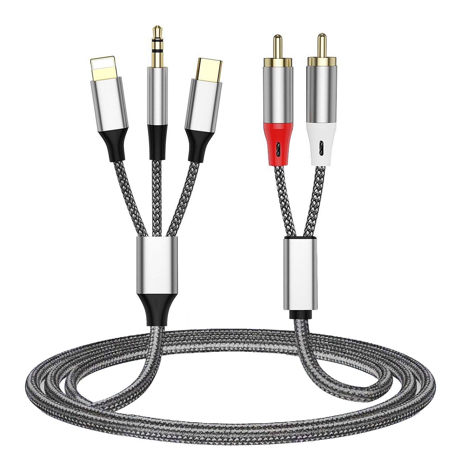 3-in-1 audiokabel, gebruikt voor Ligh-tning naar RCA-kabeladapter, USB C naar 2 RCA-kabel, 3,5 mm AUX-audiokabel, gebruikt voor vermogensversterker, auto, thuisbioscoop, luidspreker, tv, 1,3 m