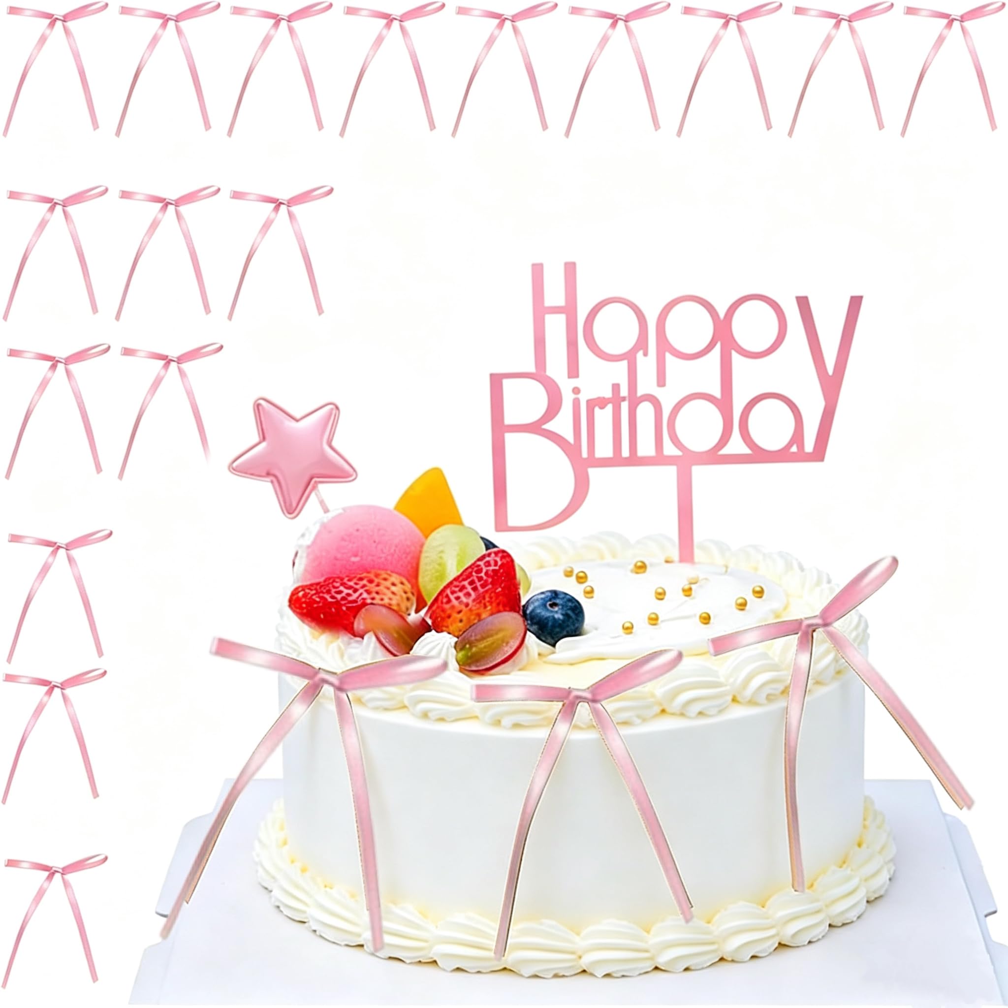 30 Pcs Cake Bows,QIANSSE Cake Topper Decorations with Cake Frills Cake Decorations for Birthday Wedding Party Cake Supplies (Pink)