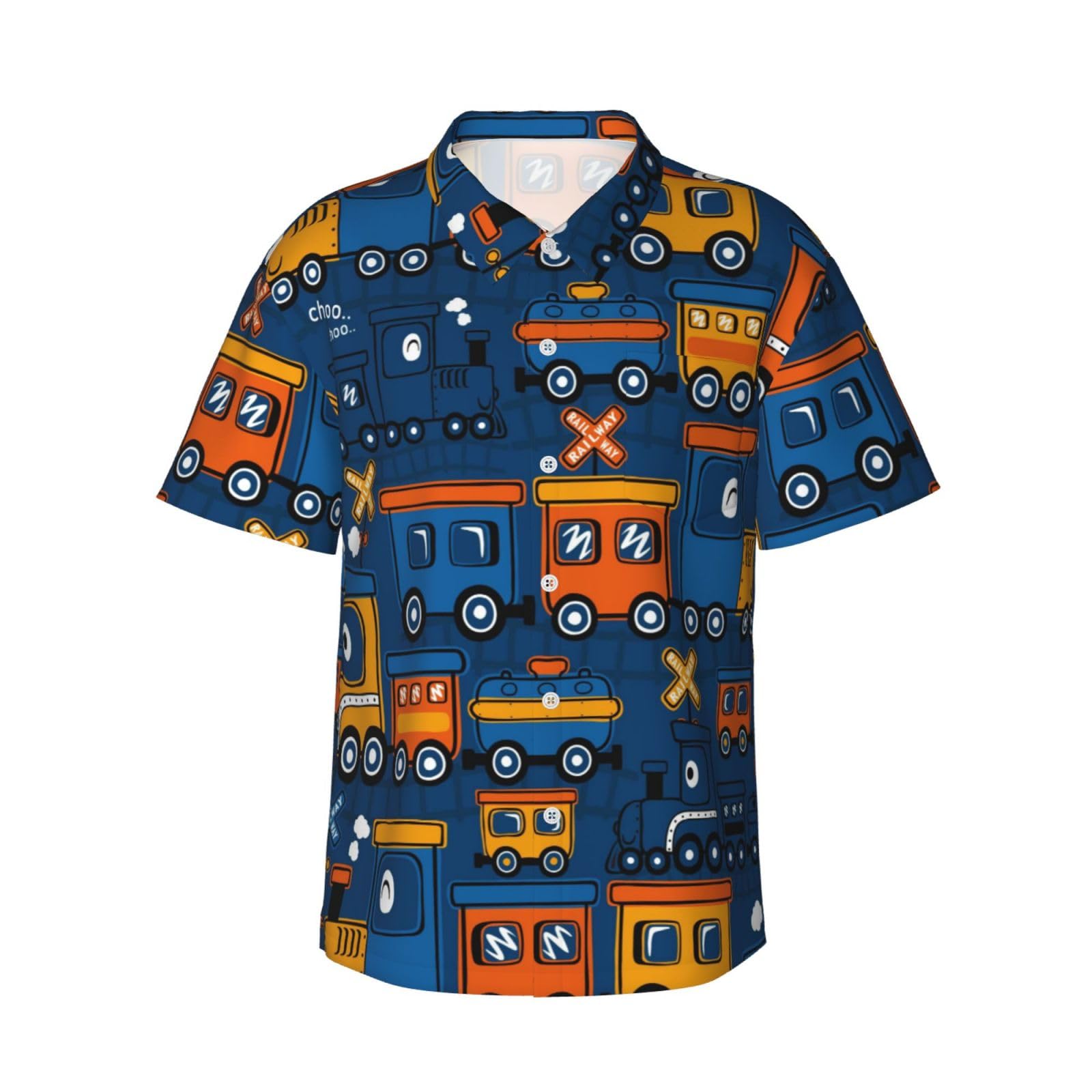 JUZGTSIT Funny Steam Train Hawaiian Shirt for Men Short Sleeved Casual Summer Beach Shirts Black
