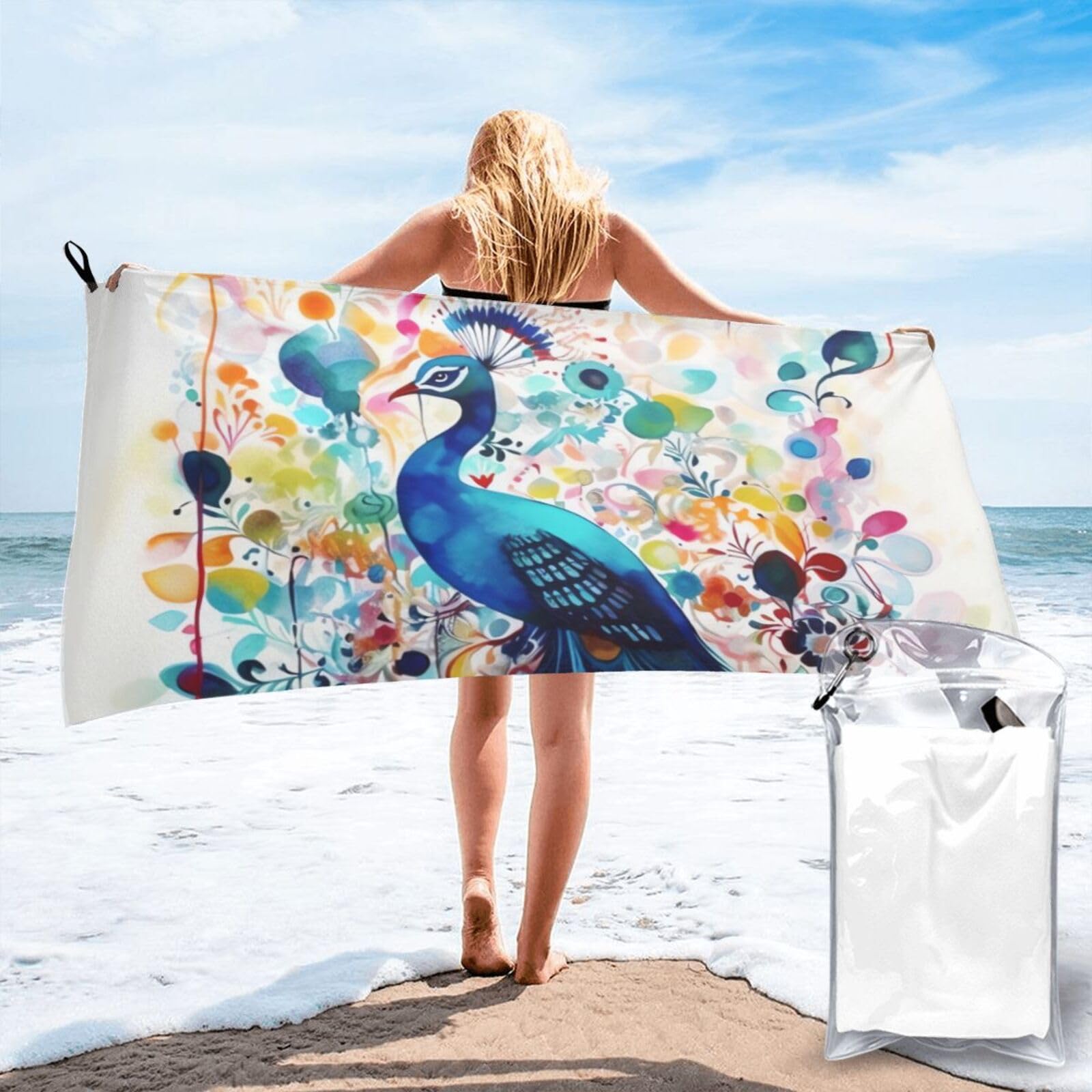DWVTSLH Microfiber Sand Free Beach Towel 27.5"x55", Quick Dry Absorbent Travel Towel Large Camping Blanket, Color Peacock Bath Towels Lightweight Pool Swim Towels for Vacation Essentials