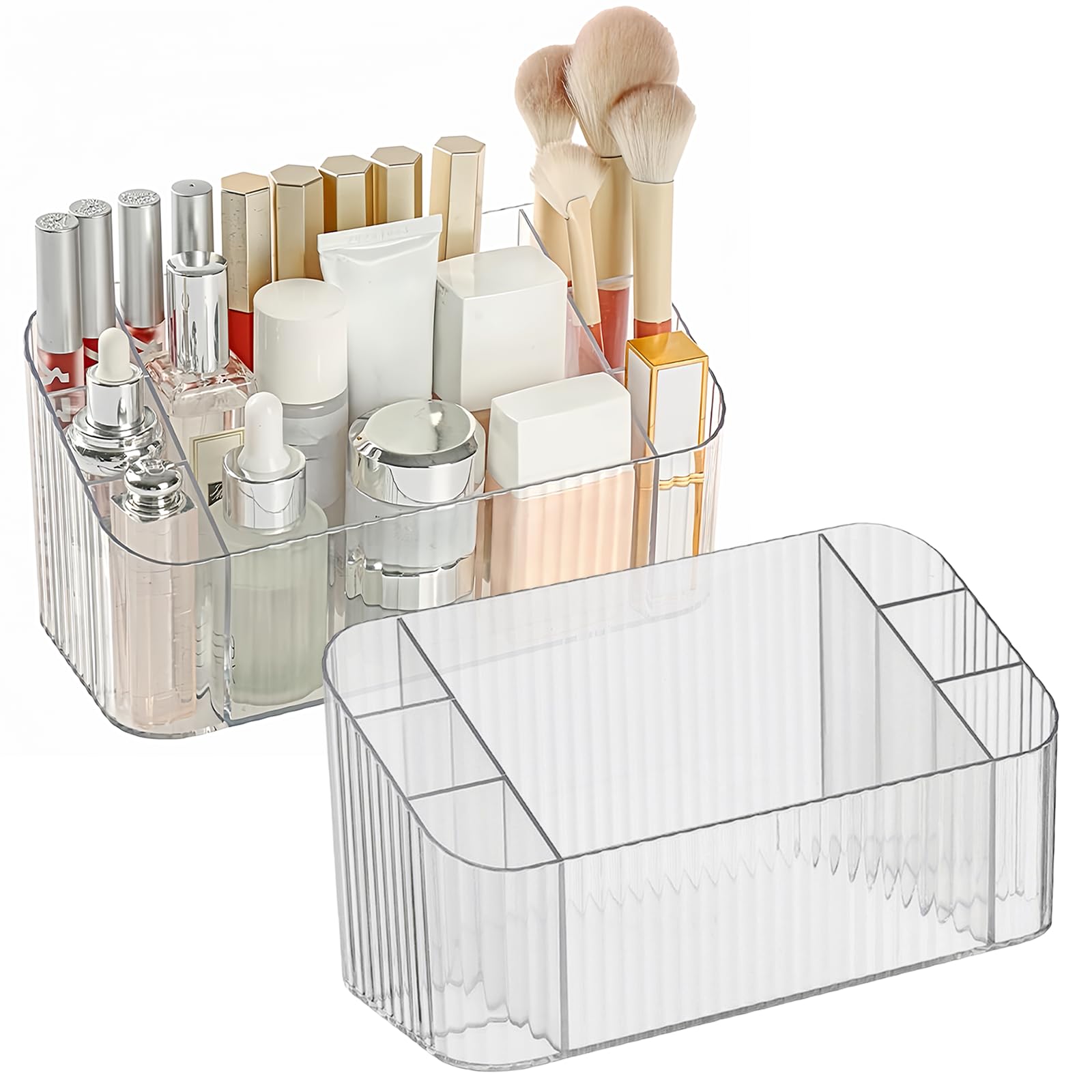SLHEQING 2 Pack Makeup Organiser, Transparent Skincare Beauty Cosmetic Storage Box, Makeup Brush Holder 7 Compartments
