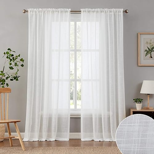 Miniatura 2 de Melodieux Cortinas traslúcidas blancas de 96 pulgadas de largo para puerta corrediza de sala de estar, cortinas de gasa con textura cruzada de