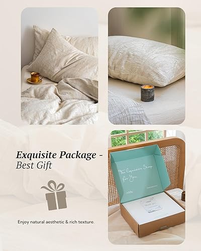 Miniatura 6 de MILDLY - Juego de funda de edredón de lino y algodón, diseño jacquard con textura de trigo, 3 piezas con cierre de cremallera, transpirable y