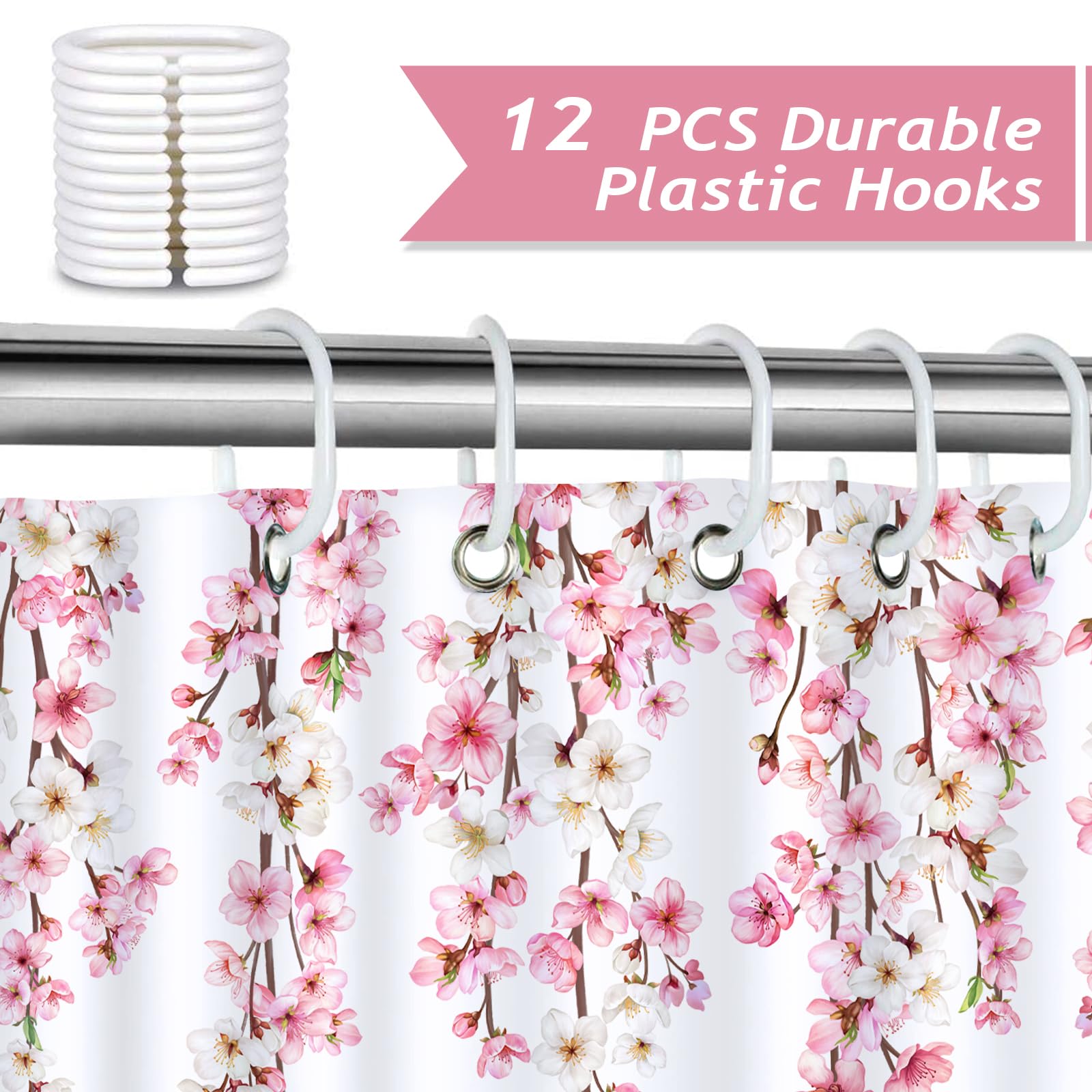 Bonhause Pink Cherry Blossom Shower Curtain Japanese Sakura Floral Spring Bathroom Curtain 180 x 180 cm Waterproof Mildew & Mould Resistant Polyester Fabric Bath Curtain with 12 Hooks - Image 3