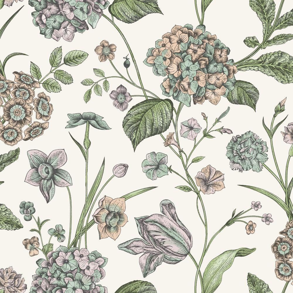 Hydrangea Green Floral Wallpaper - Flowers Botanical Leaves Naturistic Classic Traditional - Stylish Feature Wall