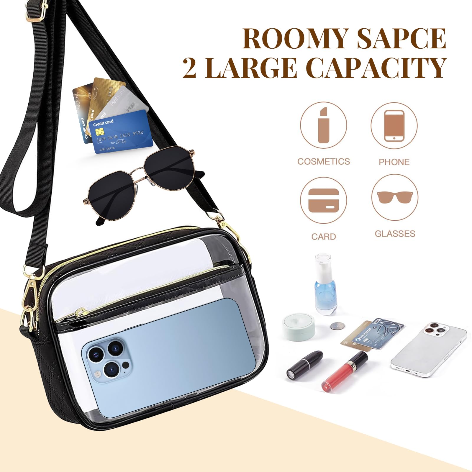 Durchsichtige Umhängetasche, PVC Transparente Tasche Damen Crossbody Schultertasche Wasserdichte Sling Bag mit Verstellbarem Gurt für Konzerte Sportveranstaltungen Shopping Wandern